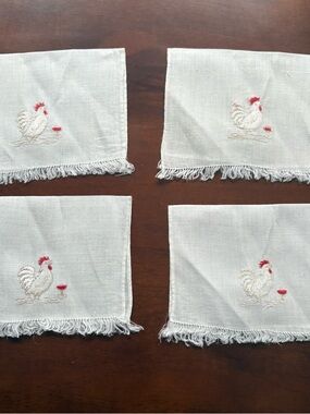 Vintage embroidered chicken rooster drinking cocktail bar napkins 4 novelty